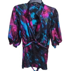 A.B.S. Collection With Allen Schwartz Blouse 100% Silk Vivid Colors Puff Sleeves